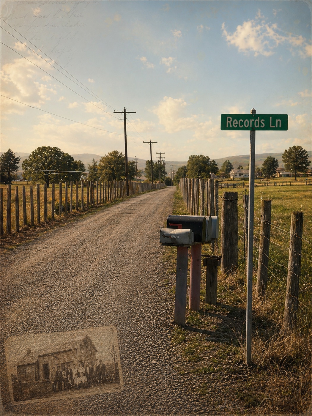A second blended, angle-corrected view of the Records Lane sign and road.