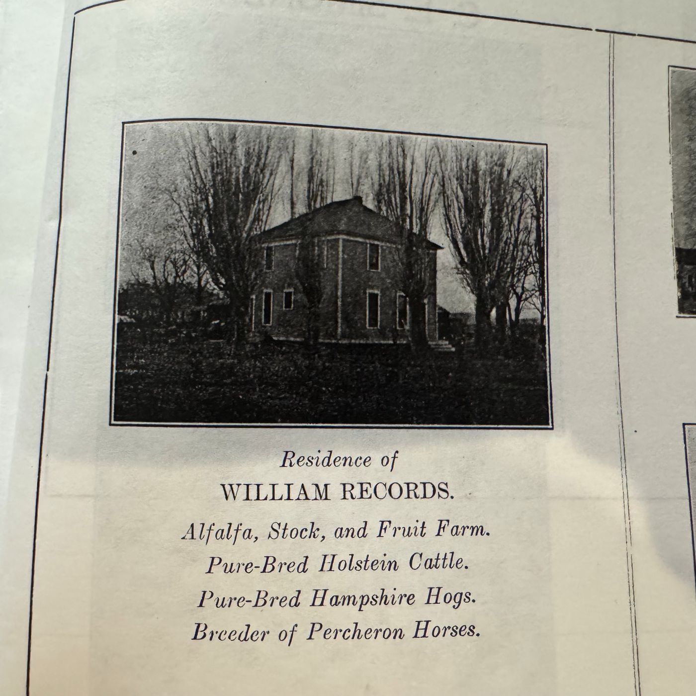 A two-story farmhouse behind tall bare trees; the printed caption reads &ldquo;Residence of William Records.&rdquo;